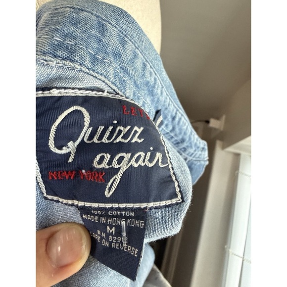 Vintage Quizz Again Denim Button Up Shirt Women M Embroidered Teddy Cottagecore - Picture 5 of 5